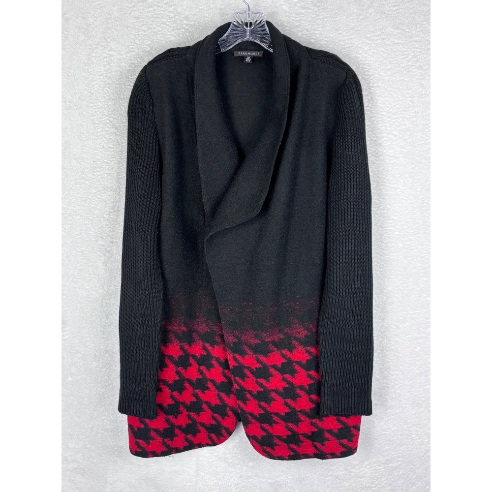 Parkhurst Open Front Cardigan Sweater‎ Wool Blend Houndstooth Black Red L